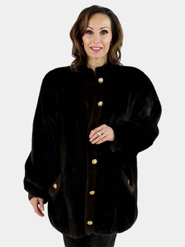 Woman's Brown Mink Fur Jacket with Sheared Mink Trim