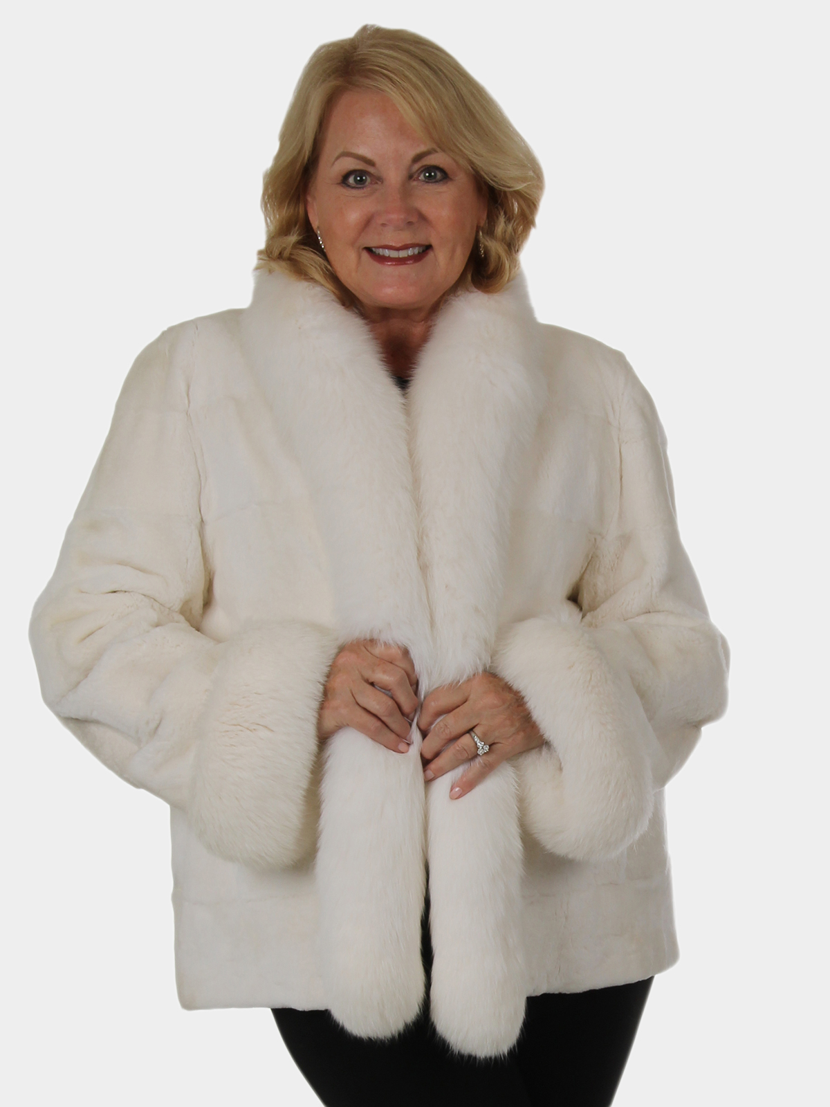 New White Sheared Rex Rabbit Fur Jacket with Fox Trim - XL | Estate Furs