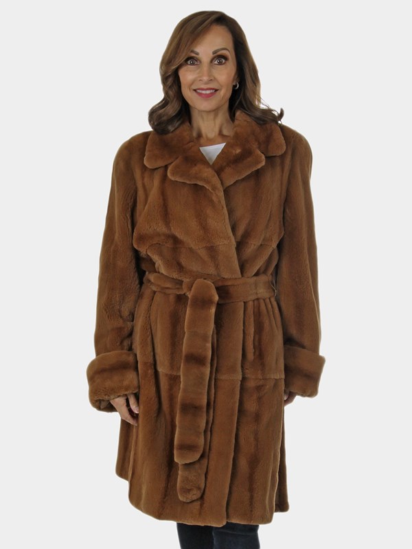 Woman's Whiskey Sheared Mink Fur 3/4 Coat with Belt