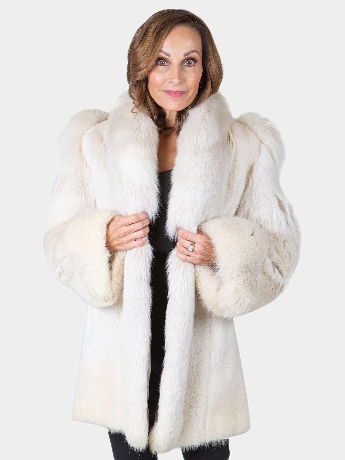 White Mink Fur Coat with White Fox Fur Tuxedo Trim