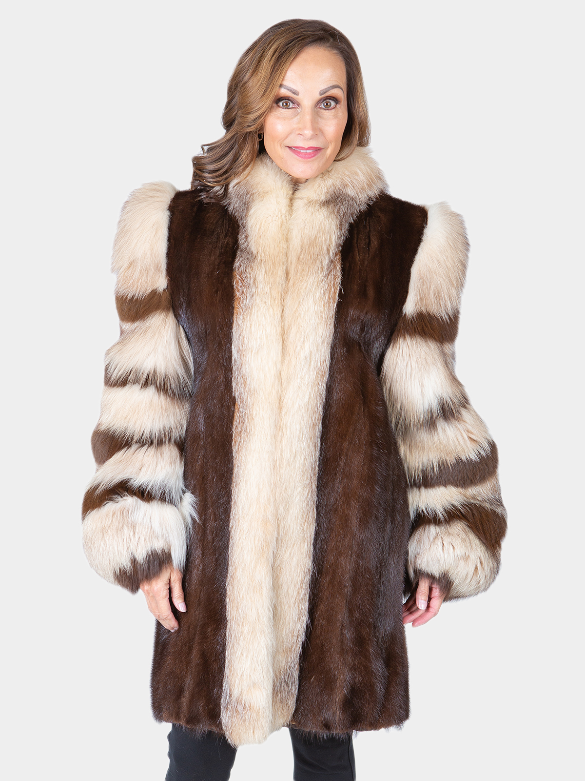 Mahogany Mink Fur Coat with Crystal Fox Tuxedo Front and Sleeves