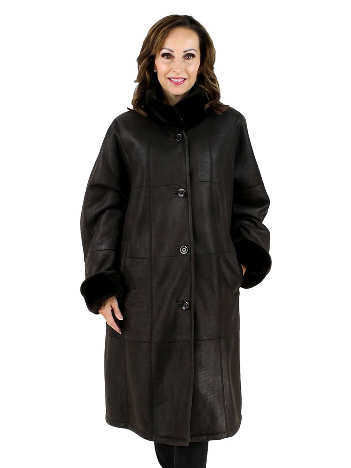 Womans Plus Size Christ Brown Shearling Lamb Coat With Sheared Nutria Collar And Cuffs Womans Plus Size Christ Brown Shearling Lamb Coat With Sheared Nutria Collar And Cuffs