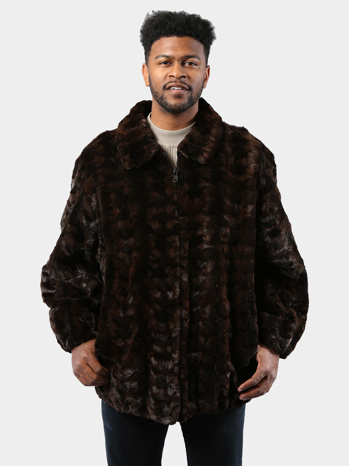 Mens MInk Fur Coat Black with Mahogany Collar
