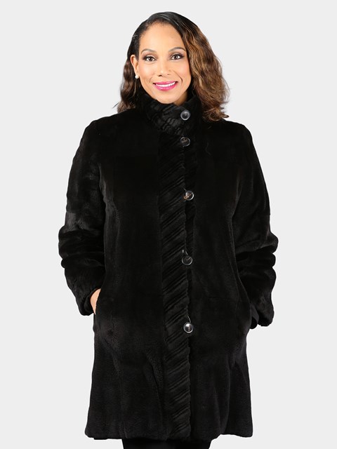 Woman's Black Sheared Mink Fur Stroller Reversing to Rain Taffeta