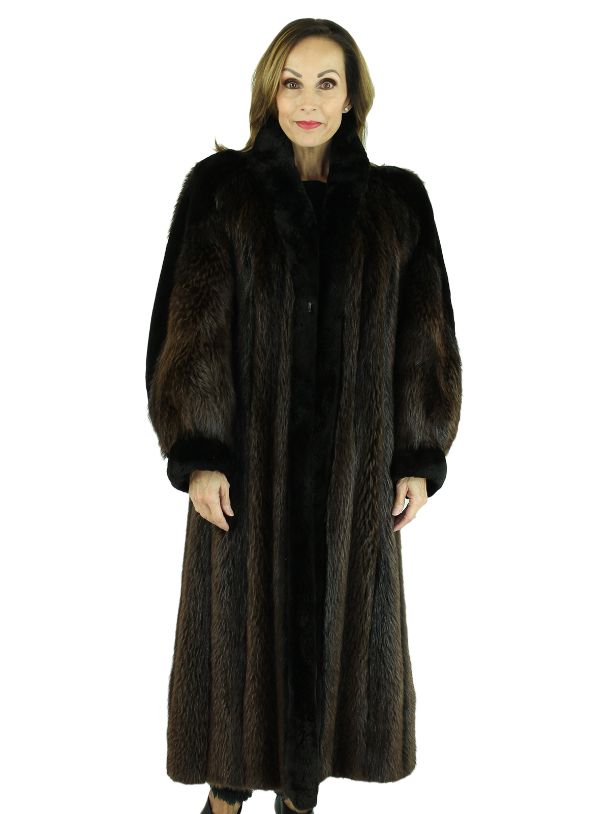 Day Furs Inc. Man's Medium Tone Long Hair Beaver Fur Jacket with Zip Out Leather Sleeves