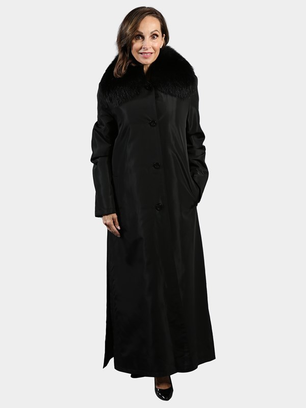 Woman's Black Rain Taffeta Coat with Rex Rabbit Lining