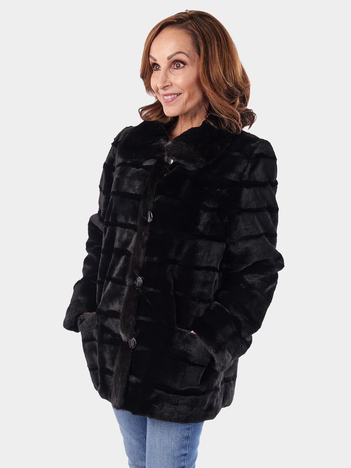 REVERSIBLE BLACK SHEARED & UNSHEARED BLACKGLAMA MINK FUR BOMBER JACKET –  The Real Fur Deal