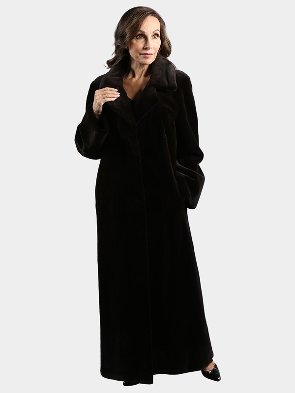 Woman's Dark Brown Sheared Mink Fur Coat Reversible to Brown Rain Taffeta