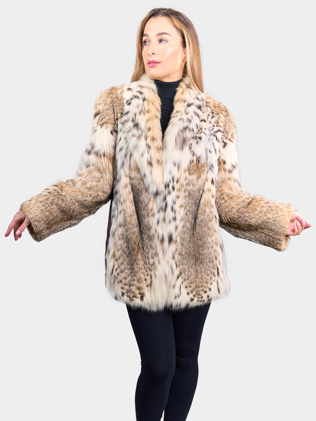 White Beige Lynx Fur Jacket with Hood for Women