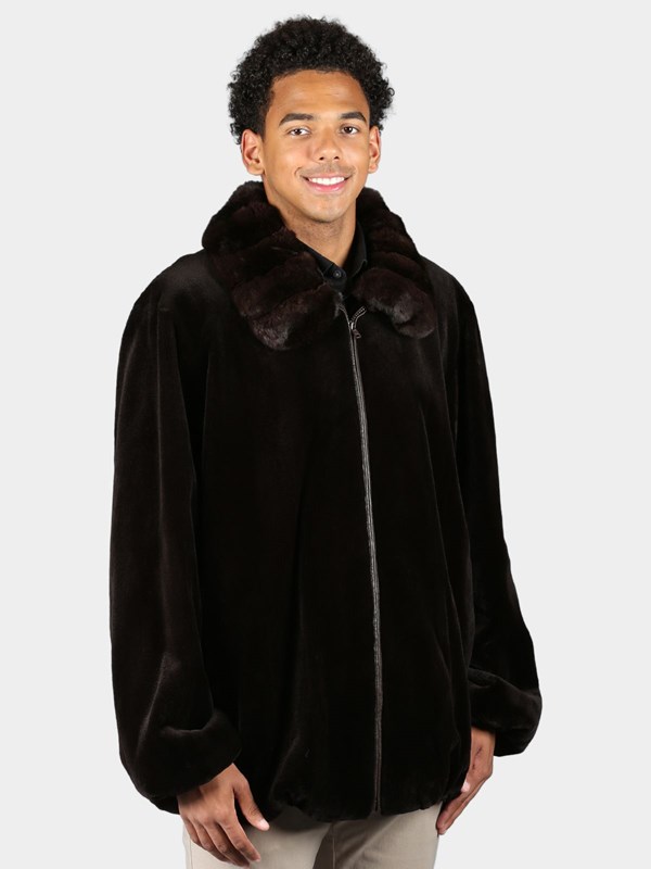 Man's Plus Size Dyed  Dark Brown Sheared Mink Fur Jacket with Chinchilla Collar