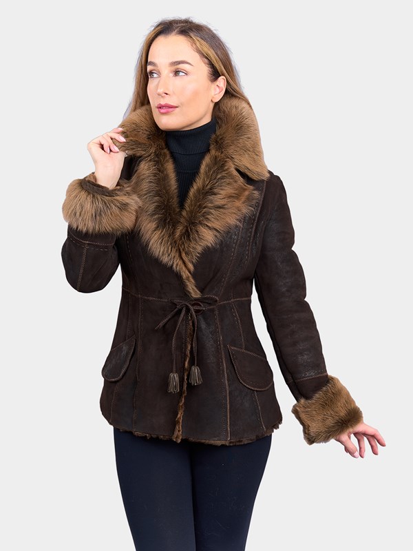 Woman's Rizal Espresso Suede Shearling Lamb Fur Jacket with Toscana Fleece