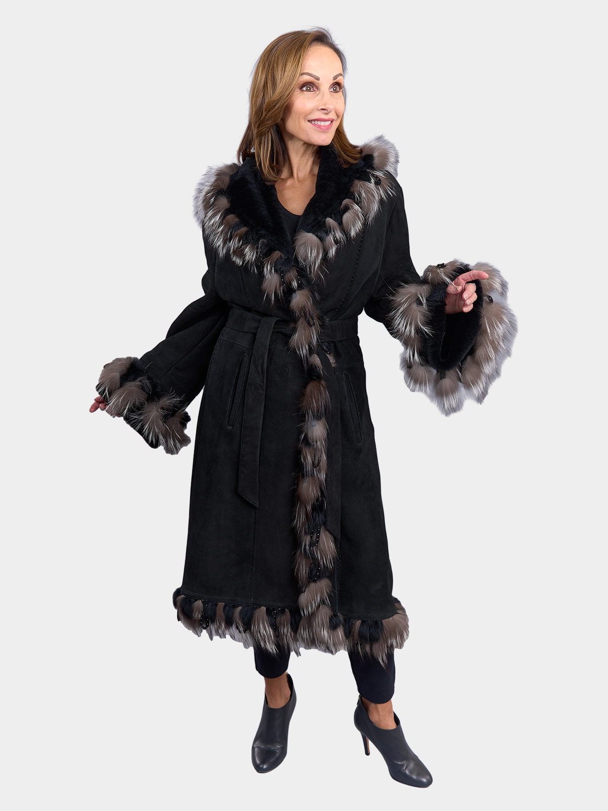 Black suede sales and fur coat