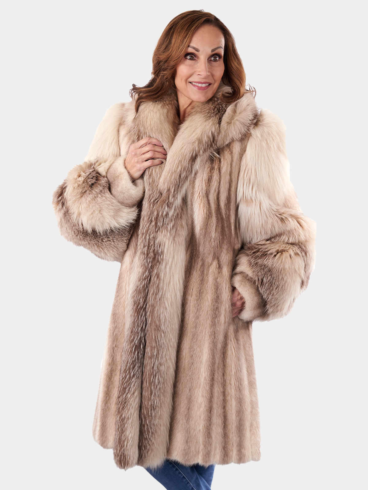 Brown Cross Mink Fur 3/4 Coat w/ Fox Trim