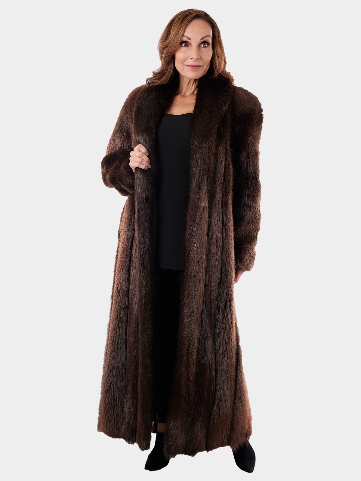 Medium Tone Long Haired Beaver Fur Parka with Leather Inserts - Men's Mink Fur Jacket- XL| Estate Furs