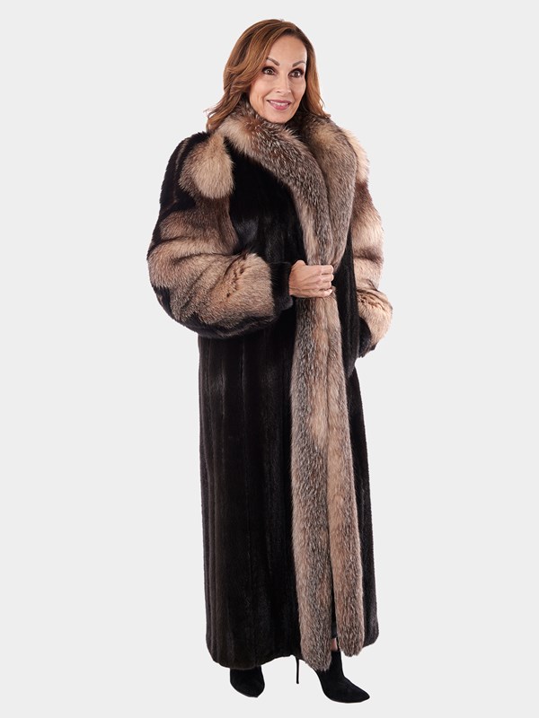 Woman's Ranch Mink Fur Coat with Crystal and Black Fox Trim