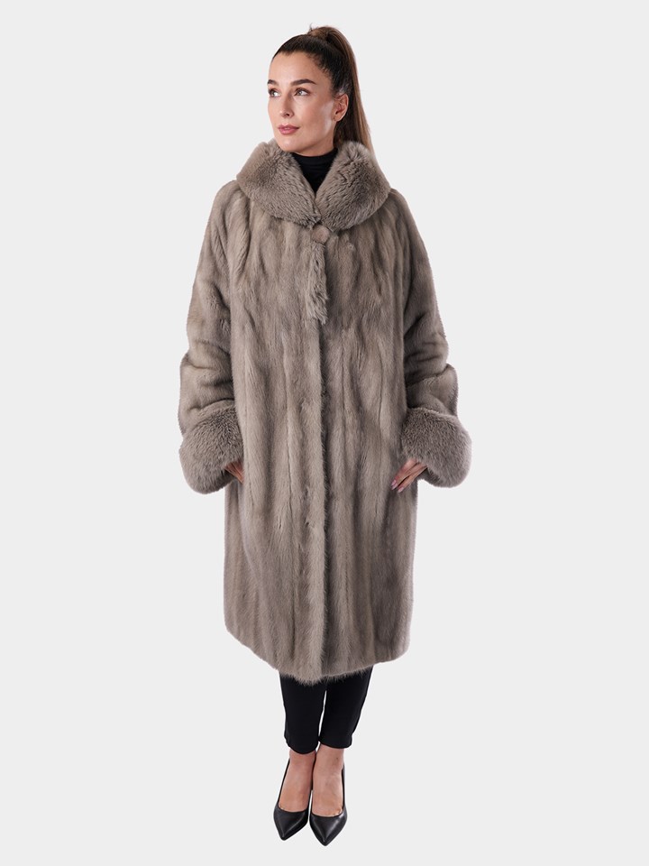Woman's Cerulean Mink Fur Coat with Fox Collar and Cuffs