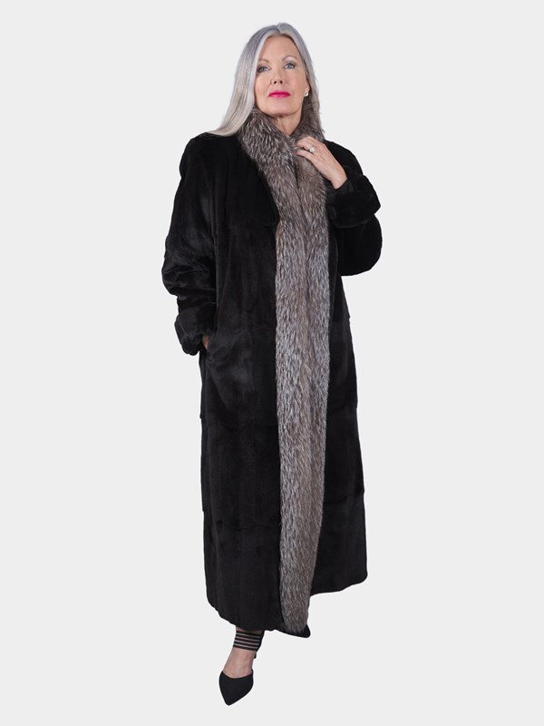 Woman's Black Sheared Mink Fur Coat with Indigo Fox Tuxedo Front Reverses to Rain Taffeta