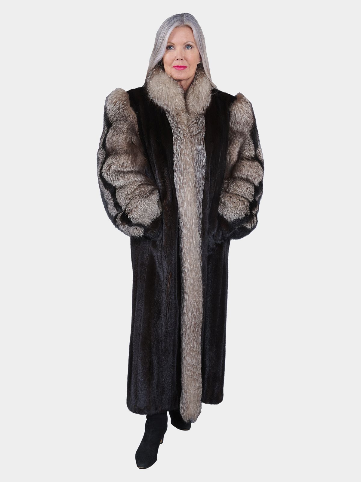 Ranch Mink Fur Coat with Indigo Fox Sleeves Estate Furs