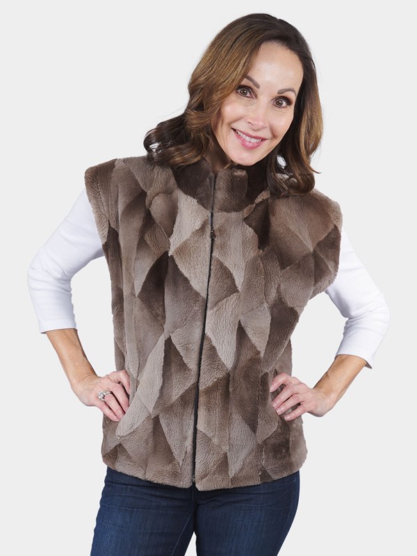Woman's Taupe Sheared Beaver Fur Vest Reversible to Leather