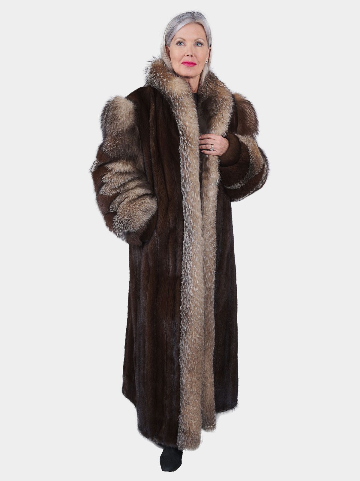 Mahogany Mink Fur Coat with Crystal Fox Tuxedo Front and Sleeves