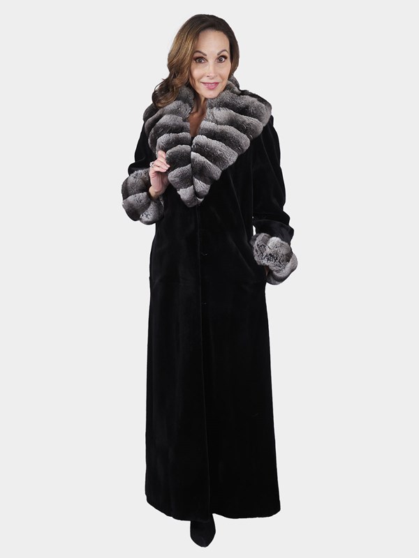 Woman's Black Sheared Mink Fur Coat with Chinchilla Collar and Cuffs