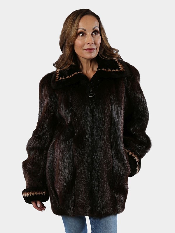 Day Furs Inc. Man's Medium Tone Long Hair Beaver Fur Jacket with Zip Out Leather Sleeves