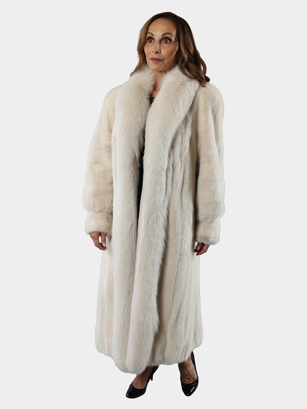 Woman's White Mink Fur Coat with Fox Tuxedo Front