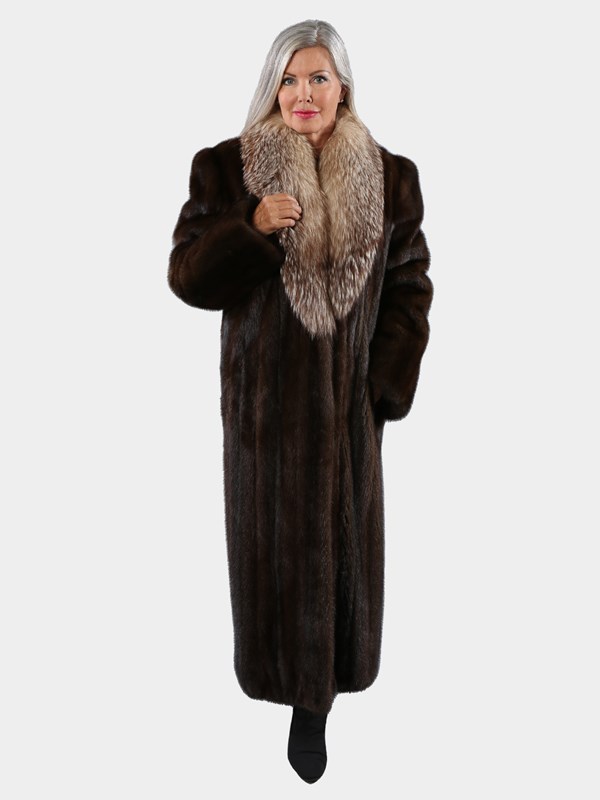 Woman's Mahogany Mink Fur Coat with Dyed Silver Fox Collar