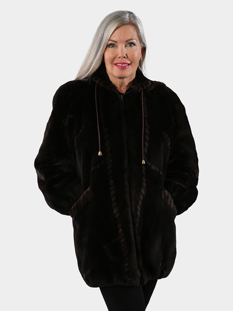 Woman's Dark Brown Sheared Beaver Fur Parka with Two Tone Accents