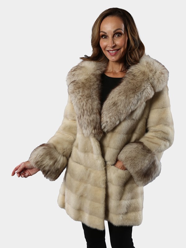 Woman's Tourmaline Female Mink Fur Jacket with Fox Trim