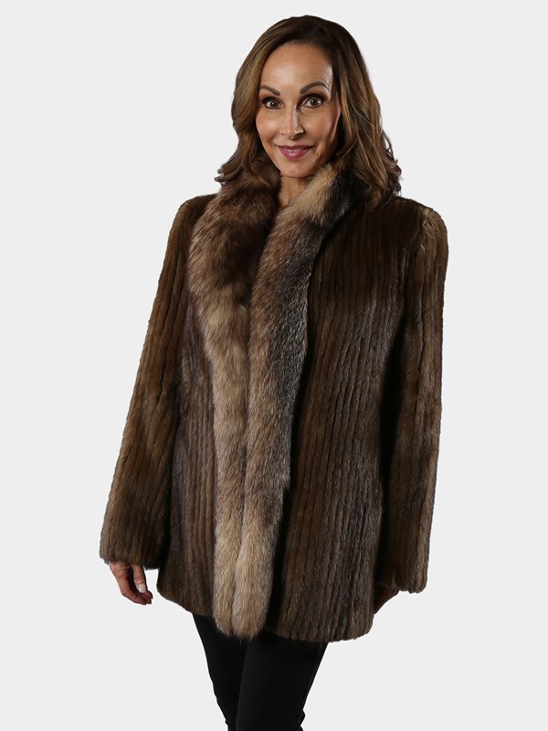 Woman's Lunaraine Mink Fur Cord Cut Jacket with Crystal Fox Tuxedo