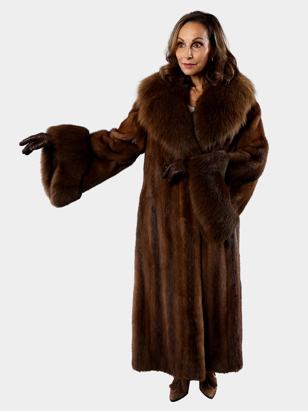 Woman's Lunaraine Female Mink Fur Coat with Dyed to Match Fox Trim