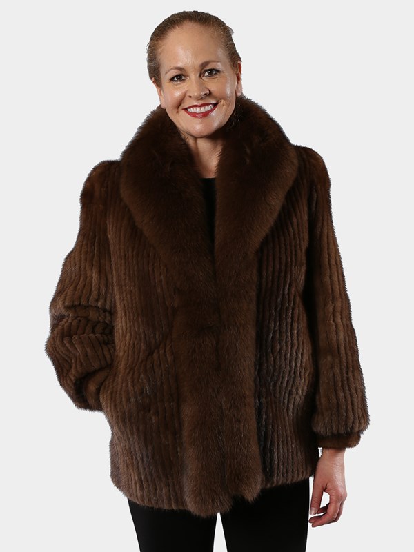 Woman's Mahogany Cord Cut Mink Fur Jacket with Fox Tuxedo
