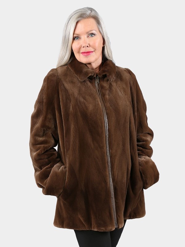 Woman's Brown Sheared Mink Fur Jacket Reversing to Rain Taffeta