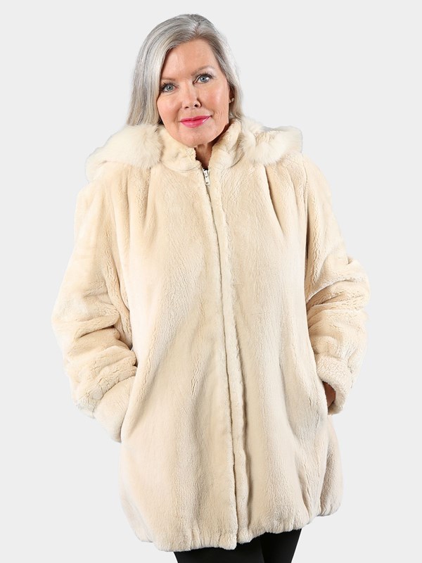 Woman's Cashmere Sheared Beaver Jacket with Detachable Hood