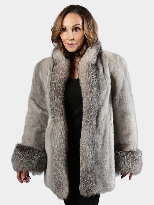 Woman's Cerulean Mink Fur Jacket with Indigo Fox