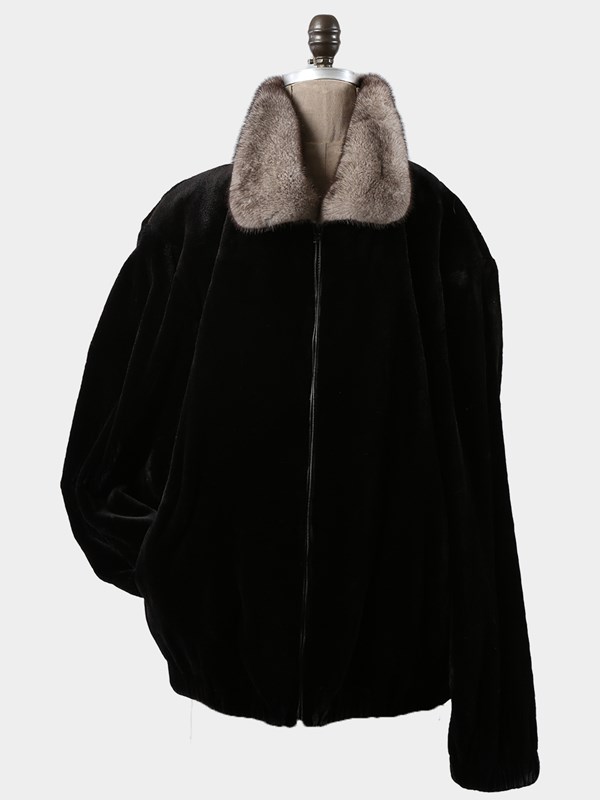 Man's Black Sheared Mink Fur Jacket with Blue Iris Mink Collar