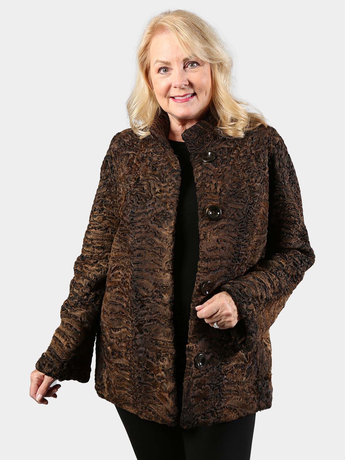 Woman's Brown and Black Swakara Lamb Fur Jacket (Reversible)