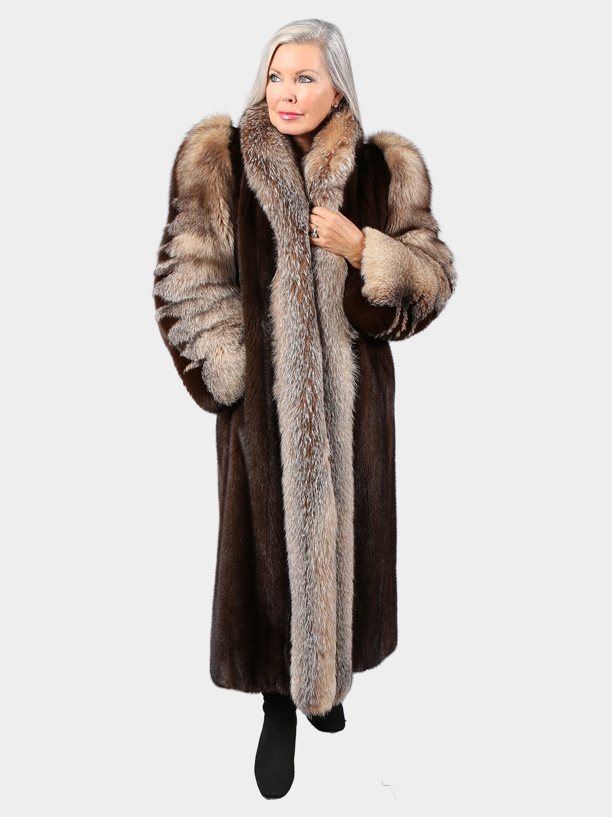 Mahogany Mink Fur Coat with Crystal Fox Tuxedo Front and Sleeves