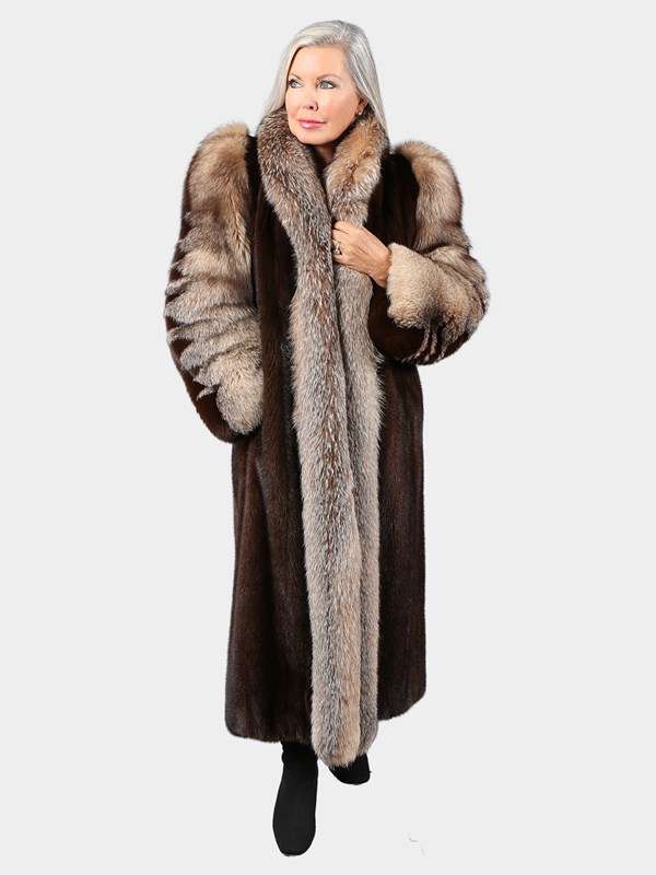 Woman's Mahogany Mink Fur Coat with Crystal Fox Tuxedo Front and Sleeves
