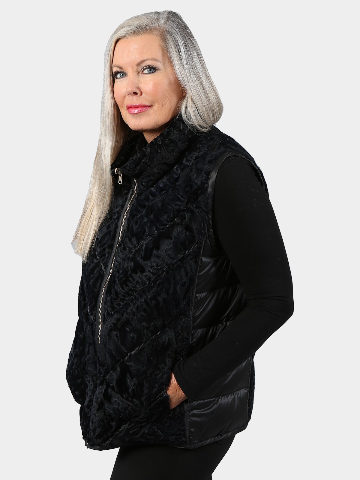 Woman's Black Persian Lamb Fur Vest Reversing to Black Quilted Rain Taffeta