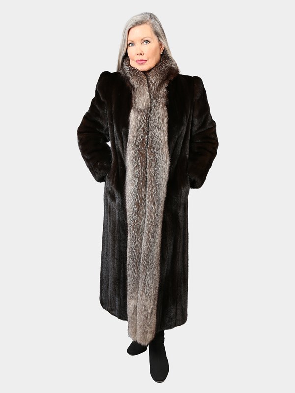 Woman's Darkest Mahogany Mink Fur Coat with Indigo Fox Tuxedo Front