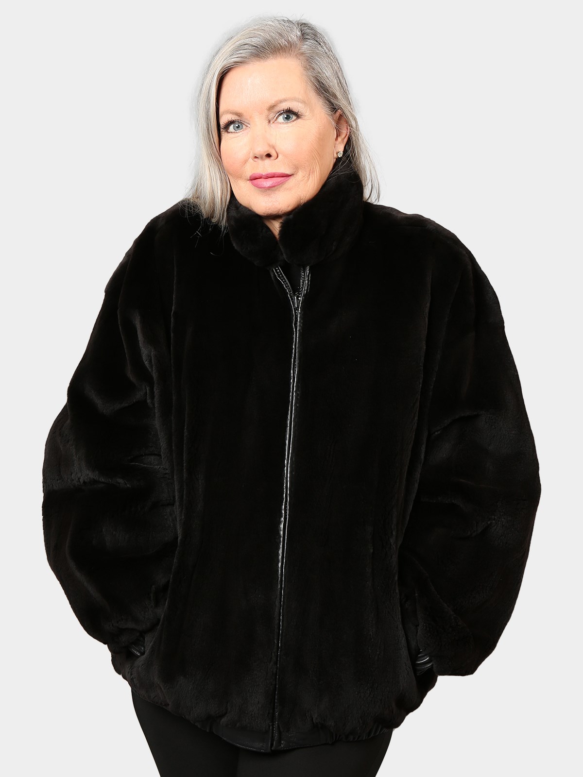 Woman's Black Sheared Mink Fur Jacket Reversing to Leather