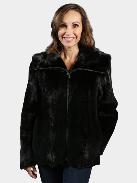 Woman's Black Semi Sheared Mink Fur Parka with Double Fur Hood