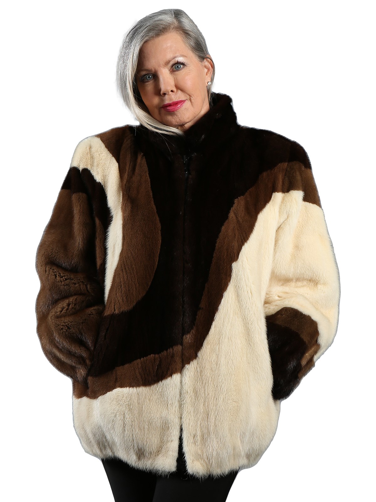 Woman's Three Color Mink Fur Zipper Jacket