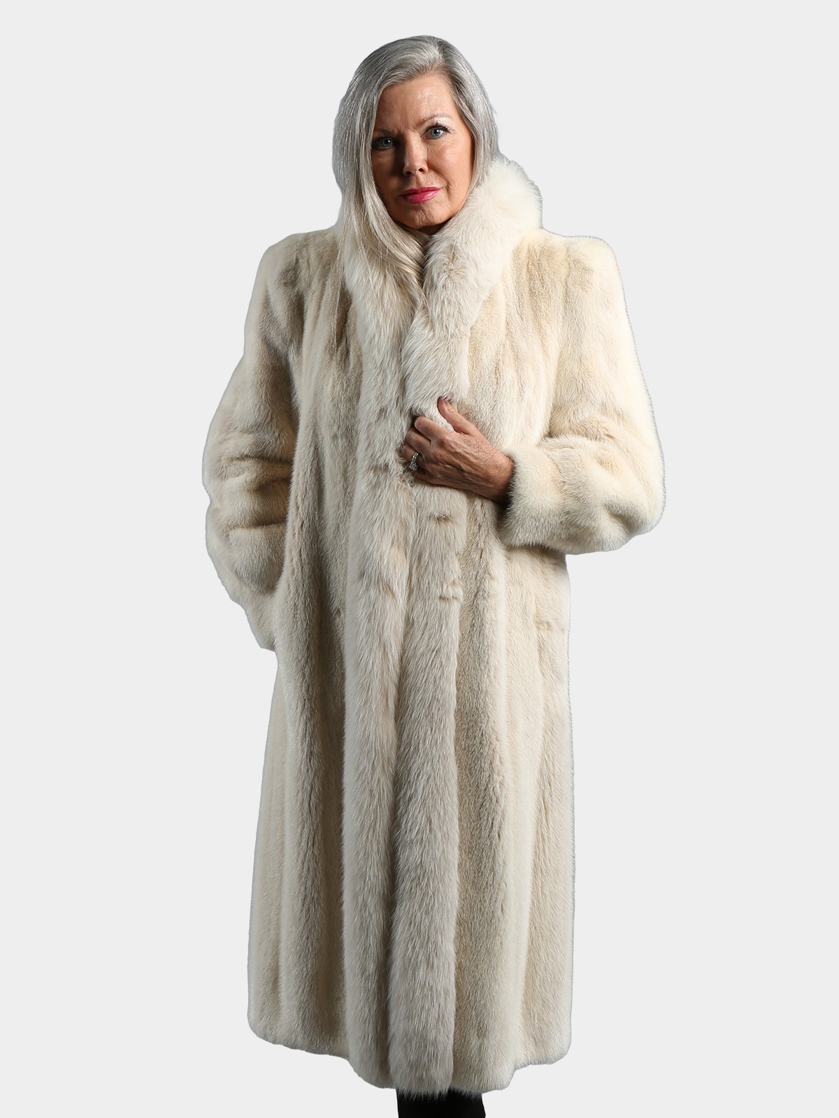 Woman's Blush Mink Fur Coat with Fox Tuxedo Front
