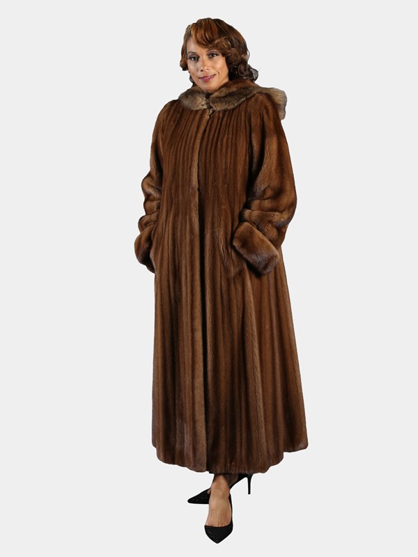 Woman's Demi Buff Female Mink Fur Coat with Sable Trimmed Hood