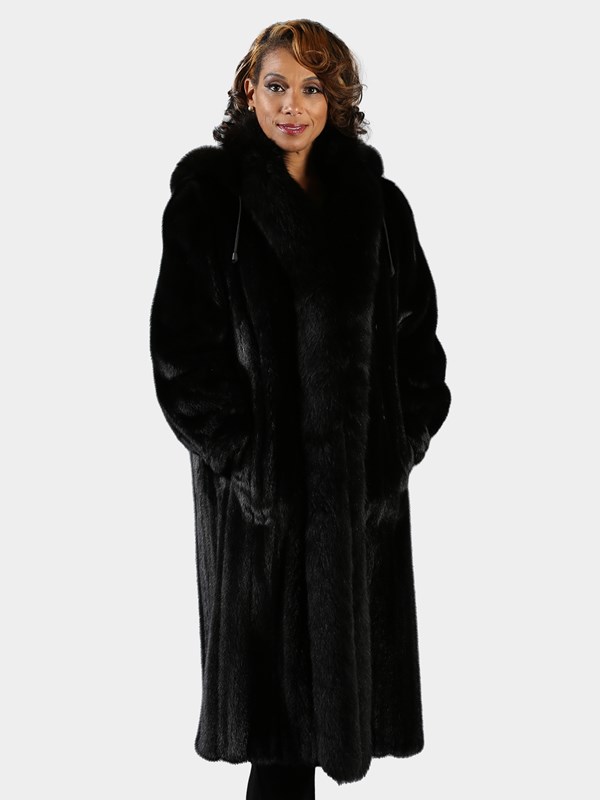 Woman's Ranch Female Mink Fur Coat with Fox Tuxedo and Detachable Hood