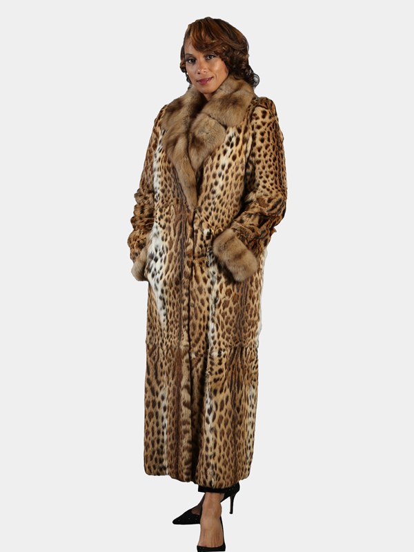 Woman's Dennis Basso Natural Lippi Cat Fur Coat with Sable Collar and Cuffs