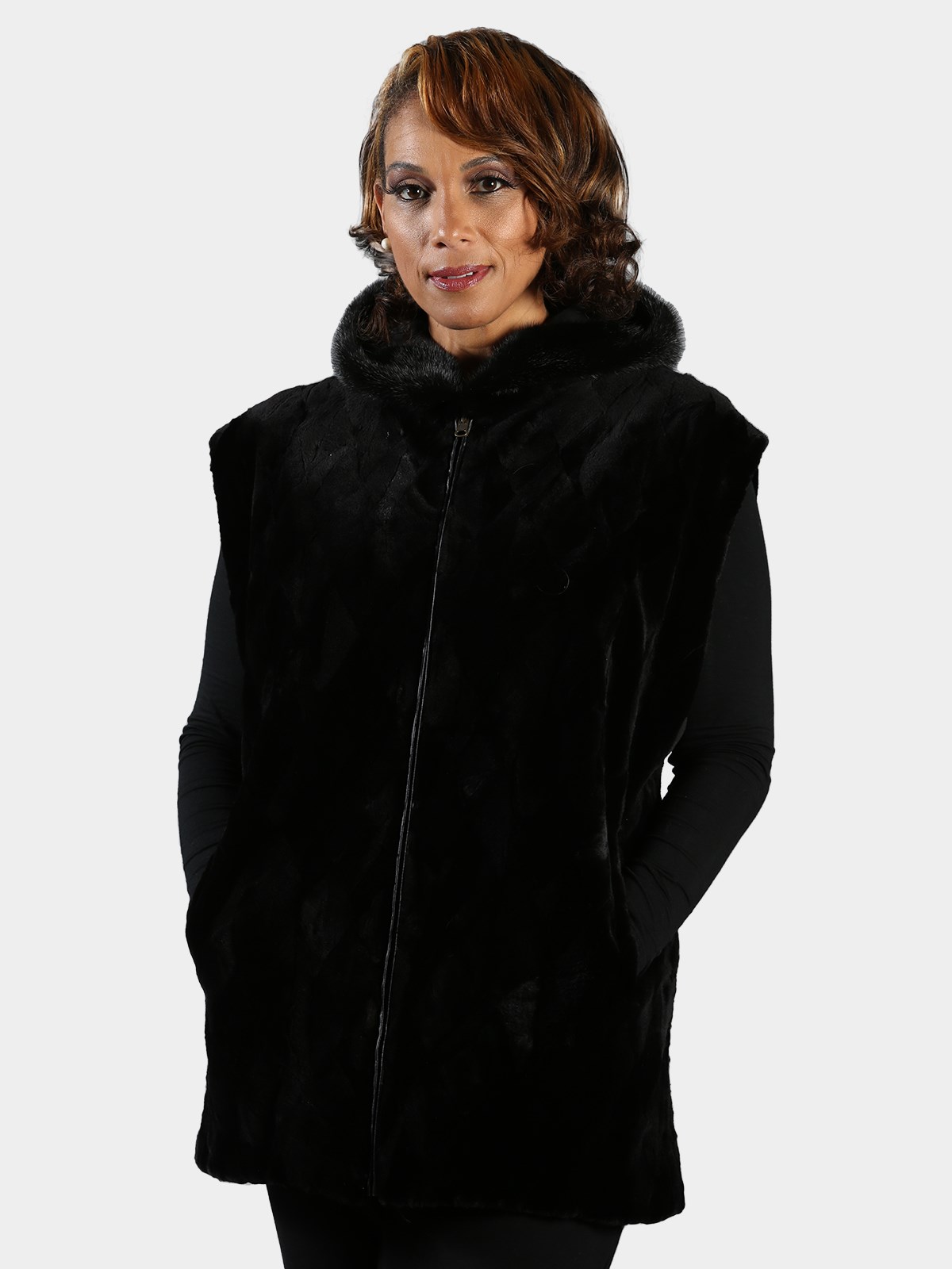 Woman's Plus Size Black Sheared Mink Fur Vest with Fox Trimmed Hood Reversible to Rain Taffeta